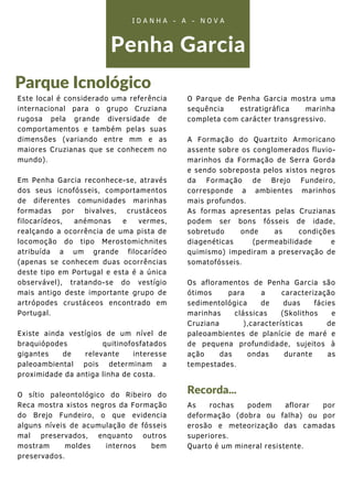 Este local é considerado uma referência
internacional para o grupo Cruziana
rugosa pela grande diversidade de
comportamentos e também pelas suas
dimensões (variando entre mm e as
maiores Cruzianas que se conhecem no
mundo).
Em Penha Garcia reconhece-se, através
dos seus icnofósseis, comportamentos
de diferentes comunidades marinhas
formadas por bivalves, crustáceos
filocarídeos, anémonas e vermes,
realçando a ocorrência de uma pista de
locomoção do tipo Merostomichnites
atribuída a um grande filocarídeo
(apenas se conhecem duas ocorrências
deste tipo em Portugal e esta é a única
observável), tratando-se do vestígio
mais antigo deste importante grupo de
artrópodes crustáceos encontrado em
Portugal.
Existe ainda vestígios de um nível de
braquiópodes quitinofosfatados
gigantes de relevante interesse
paleoambiental pois determinam a
proximidade da antiga linha de costa.
O sítio paleontológico do Ribeiro do
Reca mostra xistos negros da Formação
do Brejo Fundeiro, o que evidencia
alguns níveis de acumulação de fósseis
mal preservados, enquanto outros
mostram moldes internos bem
preservados.
Penha Garcia
Parque Icnológico
I D A N H A - A - N O V A
O Parque de Penha Garcia mostra uma
sequência estratigráfica marinha
completa com carácter transgressivo.
A Formação do Quartzito Armoricano
assente sobre os conglomerados fluvio-
marinhos da Formação de Serra Gorda
e sendo sobreposta pelos xistos negros
da Formação de Brejo Fundeiro,
corresponde a ambientes marinhos
mais profundos.
As formas apresentas pelas Cruzianas
podem ser bons fósseis de idade,
sobretudo onde as condições
diagenéticas (permeabilidade e
quimismo) impediram a preservação de
somatofósseis.
Os afloramentos de Penha Garcia são
ótimos para a caracterização
sedimentológica de duas fácies
marinhas clássicas (Skolithos e
Cruziana ),características de
paleoambientes de planície de maré e
de pequena profundidade, sujeitos à
ação das ondas durante as
tempestades.
As rochas podem aflorar por
deformação (dobra ou falha) ou por
erosão e meteorização das camadas
superiores.
Quarto é um mineral resistente.


Recorda...
 
