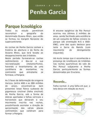 Todos os estudo permitiram
reconstituir a geografia do
denominado Oceano Rheic, que então
se formou na margem Noroeste do
supercontinente.
As rochas de Penha Garcia contam a
história da abertura e do fecho do
Oceano Rheic, que terá levado ao
desaparecimento das trilobites.
Neste período formaram-se rochas
sedimentares e deu-se a sua
recristalização (metamorfismo),
havendo o levantamento de uma
cordilheira de montanhas no
continente que entretanto se
formava, a Pangeia.
As 3 fases de deformação da orogenia
Varisca, (entre 400 e os 280 milhões
de anos), encontram-se bem
presentes neste flanco sudoeste do
gigantesco sinclinal (falha sinclinal)
de Penha Garcia, sob a forma de
dobras apertadas e falhas verticais e
horizontais que deixaram o seu
movimento inscrito nas rochas,
possibilitando assinalar a direção de
aproximação das várias placas
continentais que colidiram para
formar a Pangeia.
Penha Garcia
Parque Icnológico
I D A N H A - A - N O V A
O encaixe epigénico do Rio Ponsul
ocorreu nos últimos 2 milhões de
anos, sendo facilitado pela existência
de um conjunto de falhas visíveis no
parque (de orientação N-S e OSO-
ENE), uma das quais desloca para
leste a Serra do Ramilo (com
movimento de desligamento
esquerdo).
Há muito tempo que é reconhecida a
presença de icnofósseis de trilobites
nas rochas quartzíticas do vale do
Rio Ponsul subjacente a Penha
Garcia, particularmente as formas
denominadas por Cruziana.
Falha normal- é uma falha em que o
teto desce em relação ao muro
Recorda...
 