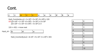 Cont.
a 1
b 2
c 3
d 4
e 5
f 6
g 7
h 8
i 9
j 10
c c a c c a a e d b a
b d a
Input_str:
Hash_Function(b,d,a) = 2x 102 + 4 x 101 +1 x 100=> 421
Hash_Function(a,c,c) = 1 x 102 + 3 x 101 +3 x 100=> 133
OR [[3 x 102 + 1 x 101 +3 x 100] – 3 x 102 ] x 3 x 100
[[3 x 102 + 1 x 101 +3 x 100] – 3 x 102 ] x 3
133 <> 421 -> move next
 