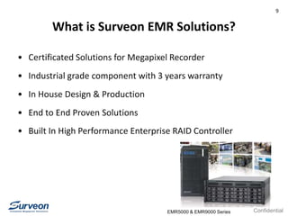 Confidential
9
What is Surveon EMR Solutions?
• Certificated Solutions for Megapixel Recorder
• Industrial grade component with 3 years warranty
• In House Design & Production
• End to End Proven Solutions
• Built In High Performance Enterprise RAID Controller
EMR5000 & EMR9000 Series
 