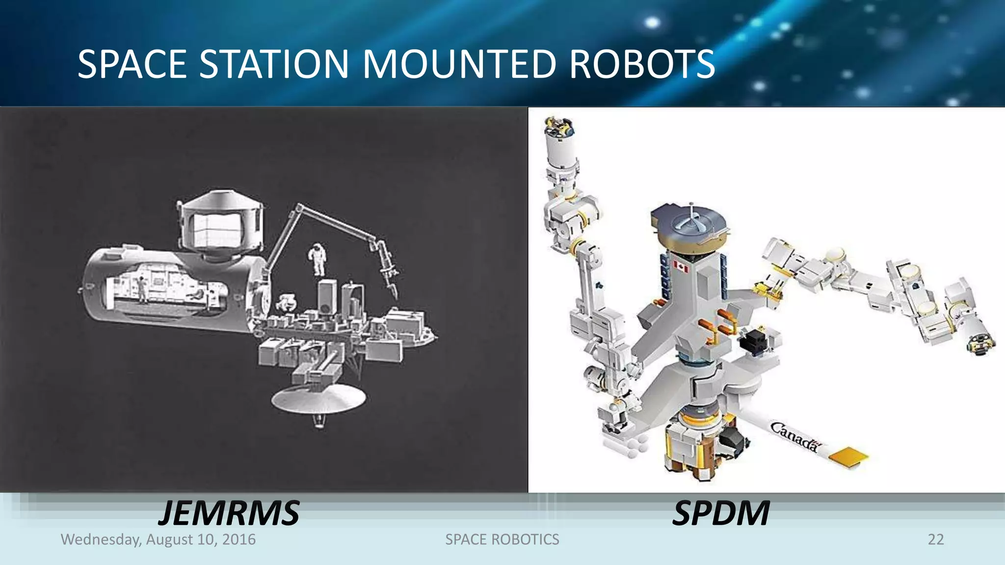 Wednesday, August 10, 2016 SPACE ROBOTICS 22
SPACE STATION MOUNTED ROBOTS
JEMRMS SPDM
 