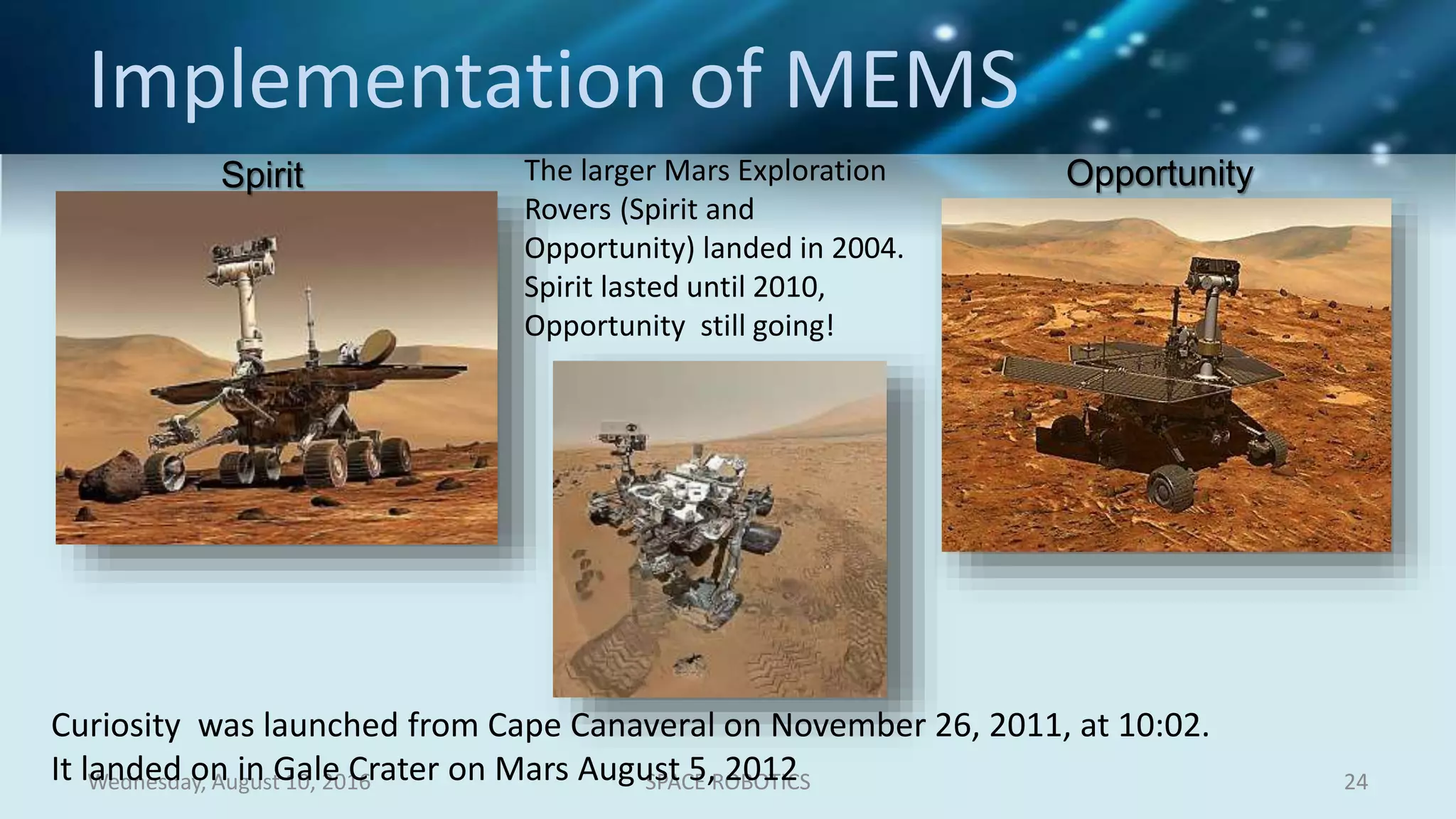 Wednesday, August 10, 2016 SPACE ROBOTICS 24
Implementation of MEMS
Spirit OpportunityThe larger Mars Exploration
Rovers (Spirit and
Opportunity) landed in 2004.
Spirit lasted until 2010,
Opportunity still going!
Curiosity was launched from Cape Canaveral on November 26, 2011, at 10:02.
It landed on in Gale Crater on Mars August 5, 2012
 