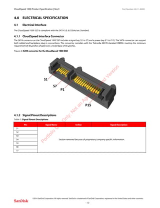 CloudSpeed 1000 Product Specification | Rev E Part Number: 80-11-80001
 
©2014 SanDisk Corporation. All rights reserved. SanDisk is a trademark of SanDisk Corporation, registered in the United States and other countries.
- 12 -
4.0 ELECTRICAL SPECIFICATION
4.1 Electrical Interface
The CloudSpeed 1000 SSD is compliant with the SATA 3.0, 6.0 Gbits/sec Standard.
4.1.1 CloudSpeed Interface Connector
The SATA connector on the CloudSpeed 1000 SSD includes a signal bay (S1 to S7) and a power bay (P1 to P15). The SATA connector can support
both cabled and backplane plug-in connections. The connector complies with the Telcordia GR-78 standard (NEBS), meeting the minimum
requirement of 30 μinches of gold over a nickel base of 50 μinches.
Figure 2: SATA connector for the CloudSpeed 1000 SSD
4.1.2 Signal Pinout Descriptions
Table 7: Signal Pinout Descriptions
Pin Signal Name In/Out Signal Description
S1
Section removed because of proprietary company-specific information.
S2
S3
S4
S5
S6
S7
Portfolio
U
se
O
nly:N
otan
Agile-approved
Version
 