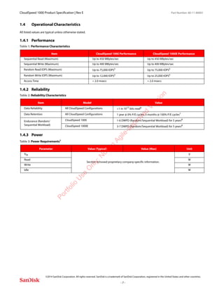 CloudSpeed 1000 Product Specification | Rev E Part Number: 80-11-80001
 
©2014 SanDisk Corporation. All rights reserved. SanDisk is a trademark of SanDisk Corporation, registered in the United States and other countries.
- 7 -
1.4 Operational Characteristics
All listed values are typical unless otherwise stated.
1.4.1 Performance
1.4.2 Reliability
1.4.3 Power
Table 1: Performance Characteristics
Item CloudSpeed 1000 Performance CloudSpeed 1000E Performance
Sequential Read (Maximum) Up to 450 MBytes/sec Up to 450 MBytes/sec
Sequential Write (Maximum) Up to 400 MBytes/sec Up to 400 MBytes/sec
Random Read IOPS (Maximum) Up to 75,000 IOPS5
Up to 75,000 IOPS5
Random Write IOPS (Maximum) Up to 12,000 IOPS5
Up to 25,000 IOPS5
Access Time < 2.0 msecs < 2.0 msecs
Table 2: Reliability Characteristics
Item Model Value
Data Reliability All CloudSpeed Configurations <1 in 1017
bits read6
Data Retention All CloudSpeed Configurations 1 year @ 0% P/E cycles; 3 months @ 100% P/E cycles7
Endurance (Random/
Sequential Workload)
CloudSpeed 1000 1-6 DWPD (Random/Sequential Workload) for 5 years8
CloudSpeed 1000E 3-7 DWPD (Random/Sequential Workload) for 5 years8
Table 3: Power Requirements9
Parameter Value (Typical) Value (Max) Unit
VIN
Section removed proprietary company-specific information.
V
Read W
Write W
Idle W
Portfolio
U
se
O
nly:N
otan
Agile-approved
Version
 