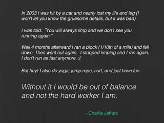 - Charlie Jeffers!
In 2003 I was hit by a car and nearly lost my life and leg (I
won't let you know the gruesome details, ...