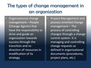 The types of change management in
an organization
• Organizational change
management – People
(Change Agents) that
have th...