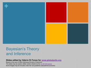 + 
Bayesian’s Theory 
and Inference 
Slides edited by Valerio Di Fonzo for www.globalpolis.org 
Based on the work of Mine Çetinkaya-Rundel of OpenIntro 
The slides may be copied, edited, and/or shared via the CC BY-SA license 
Some images may be included under fair use guidelines (educational purposes) 
 