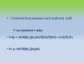 • ∴Frictional force between each shaft and muff,
F =µ× pressure × area
• F=(µ × (π/4)(d b)(σt )(n/2)/(1/2)Ld) × π (1/2) d L
• F= µ ×(π2/8)(d b)(σt)(n)
 