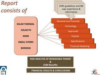 Report
consists of
SOLAR THERMAL
SOLAR PV
WIND
SMALL HYDRO
BIOMASS
Demand and Potential
Technology
Approvals
Policies
Specifications
Financial Modeling
RISK ANALYSIS OF RENEWABLE POWER
&
CDM Benefits
Reports of CRISIL, PwC,
etc ant Internet sources
Government websites
MNRE, IREDA, CERC, etc
CERC guidelines and SBI
caps experience &
information
FINANCIAL RESULTS & CONCLUSIONS
 