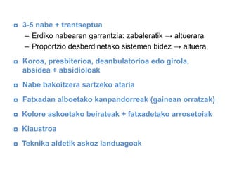 ◘ 3-5 nabe + trantseptua
– Erdiko nabearen garrantzia: zabaleratik → altuerara
– Proportzio desberdinetako sistemen bidez → altuera
◘ Koroa, presbiterioa, deanbulatorioa edo girola,
absidea + absidioloak
◘ Nabe bakoitzera sartzeko ataria

◘ Fatxadan alboetako kanpandorreak (gainean orratzak)
◘ Kolore askoetako beirateak + fatxadetako arrosetoiak
◘ Klaustroa
◘ Teknika aldetik askoz landuagoak

 