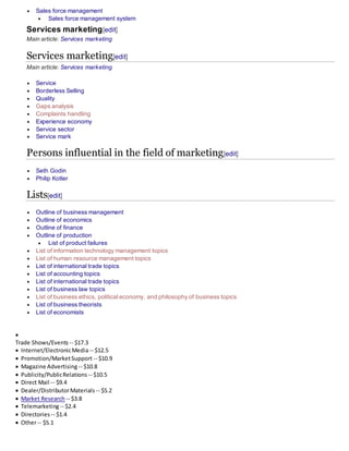  Sales force management
 Sales force management system
Services marketing[edit]
Main article: Services marketing
Services marketing[edit]
Main article: Services marketing
 Service
 Borderless Selling
 Quality
 Gaps analysis
 Complaints handling
 Experience economy
 Service sector
 Service mark
Persons influential in the field of marketing[edit]
 Seth Godin
 Philip Kotler
Lists[edit]
 Outline of business management
 Outline of economics
 Outline of finance
 Outline of production
 List of product failures
 List of information technology management topics
 List of human resource management topics
 List of international trade topics
 List of accounting topics
 List of international trade topics
 List of business law topics
 List of business ethics, political economy, and philosophy of business topics
 List of business theorists
 List of economists

Trade Shows/Events -- $17.3
 Internet/ElectronicMedia-- $12.5
 Promotion/MarketSupport -- $10.9
 Magazine Advertising -- $10.8
 Publicity/PublicRelations -- $10.5
 Direct Mail -- $9.4
 Dealer/DistributorMaterials -- $5.2
 Market Research -- $3.8
 Telemarketing-- $2.4
 Directories -- $1.4
 Other-- $5.1
 