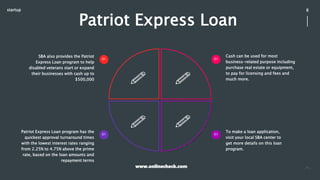 startup 8
Patriot Express Loan
01
Cash can be used for most
business-related purpose including
purchase real estate or equ...