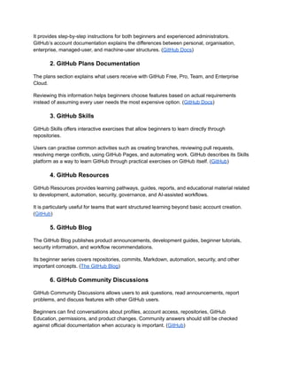 It provides step-by-step instructions for both beginners and experienced administrators.
GitHub’s account documentation explains the differences between personal, organisation,
enterprise, managed-user, and machine-user structures. (GitHub Docs)
2. GitHub Plans Documentation
The plans section explains what users receive with GitHub Free, Pro, Team, and Enterprise
Cloud.
Reviewing this information helps beginners choose features based on actual requirements
instead of assuming every user needs the most expensive option. (GitHub Docs)
3. GitHub Skills
GitHub Skills offers interactive exercises that allow beginners to learn directly through
repositories.
Users can practise common activities such as creating branches, reviewing pull requests,
resolving merge conflicts, using GitHub Pages, and automating work. GitHub describes its Skills
platform as a way to learn GitHub through practical exercises on GitHub itself. (GitHub)
4. GitHub Resources
GitHub Resources provides learning pathways, guides, reports, and educational material related
to development, automation, security, governance, and AI-assisted workflows.
It is particularly useful for teams that want structured learning beyond basic account creation.
(GitHub)
5. GitHub Blog
The GitHub Blog publishes product announcements, development guides, beginner tutorials,
security information, and workflow recommendations.
Its beginner series covers repositories, commits, Markdown, automation, security, and other
important concepts. (The GitHub Blog)
6. GitHub Community Discussions
GitHub Community Discussions allows users to ask questions, read announcements, report
problems, and discuss features with other GitHub users.
Beginners can find conversations about profiles, account access, repositories, GitHub
Education, permissions, and product changes. Community answers should still be checked
against official documentation when accuracy is important. (GitHub)
 