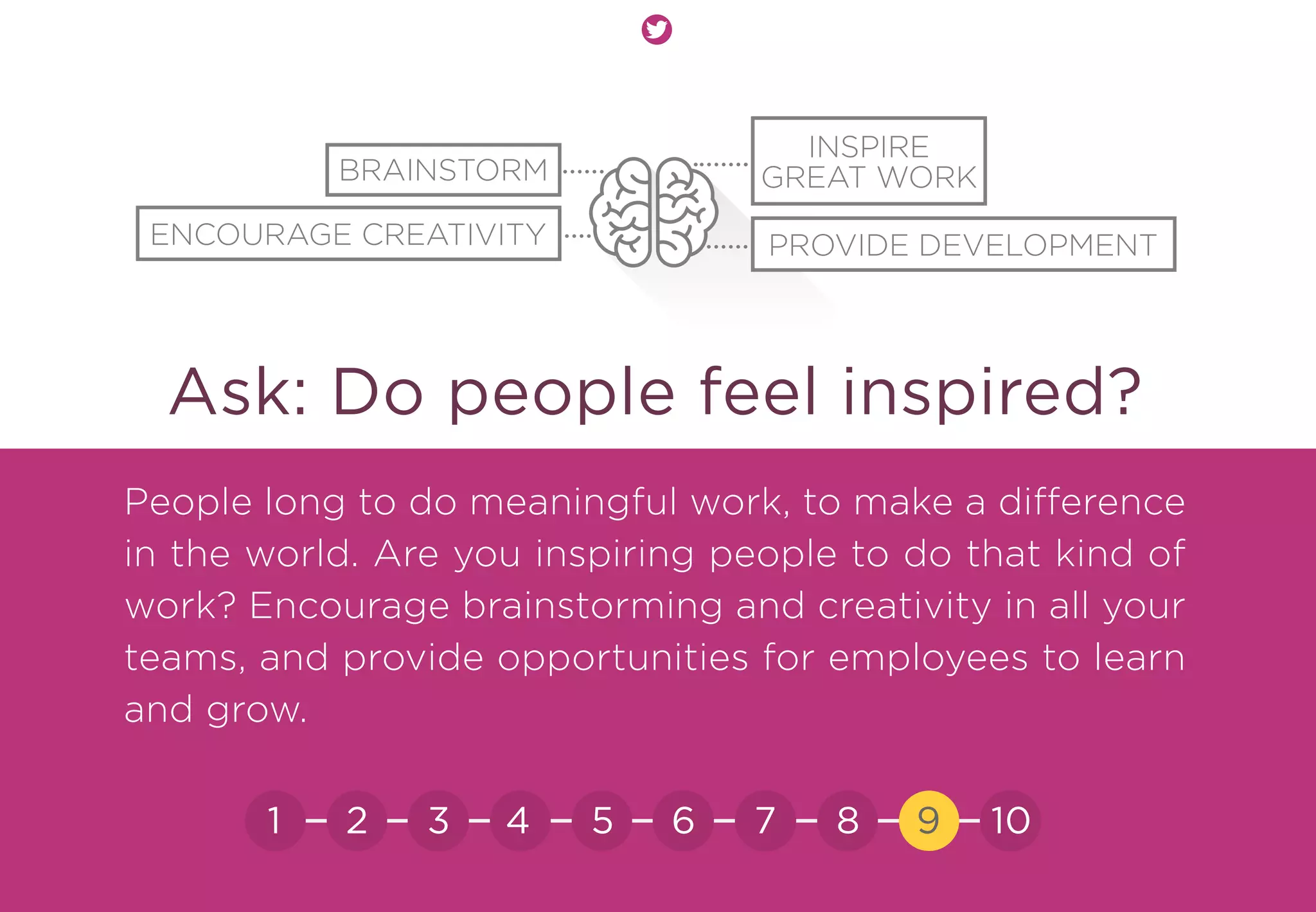Ask: Do people feel inspired?
People long to do meaningful work, to make a difference
in the world. Are you inspiring people to do that kind of
work? Encourage brainstorming and creativity in all your
teams, and provide opportunities for employees to learn
and grow.
INSPIRE
GREAT WORKBRAINSTORM
ENCOURAGE CREATIVITY PROVIDE DEVELOPMENT
21 3 4 5 6 7 8 9 10
 