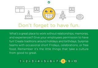 Don’t forget to have fun.
What’s a great place to work without relationships, memories,
and experiences? Give your employees permission to have
fun! Create traditions around holidays and birthdays. Surprise
teams with occasional short Fridays, celebrations, or free
food. Remember it’s the little things that take a culture
from good to great.
FRIDAY
21 3 4 5 6 7 8 9 10
 