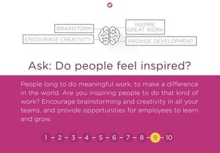Ask: Do people feel inspired?
People long to do meaningful work, to make a difference
in the world. Are you inspiring people to do that kind of
work? Encourage brainstorming and creativity in all your
teams, and provide opportunities for employees to learn
and grow.
INSPIRE
GREAT WORKBRAINSTORM
ENCOURAGE CREATIVITY PROVIDE DEVELOPMENT
21 3 4 5 6 7 8 9 10
 