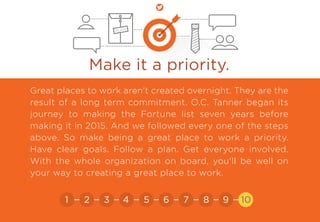 Make sure the ones you offer matter.!
Make it a priority.
Great places to work aren't created overnight. They are the
result of a long term commitment. O.C. Tanner began its
journey to making the Fortune list seven years before
making it in 2015. And we followed every one of the steps
above. So make being a great place to work a priority.
Have clear goals. Follow a plan. Get everyone involved.
With the whole organization on board, you'll be well on
your way to creating a great place to work.
PLAN
21 3 4 5 6 7 8 9 10
 