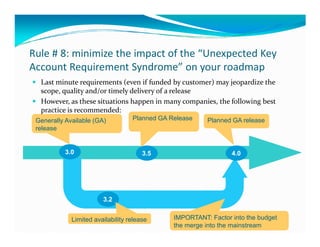 Rule # 8: minimize the impact of the “Unexpected Key
Account Requirement Syndrome” on your roadmap
  Last minute requireme...