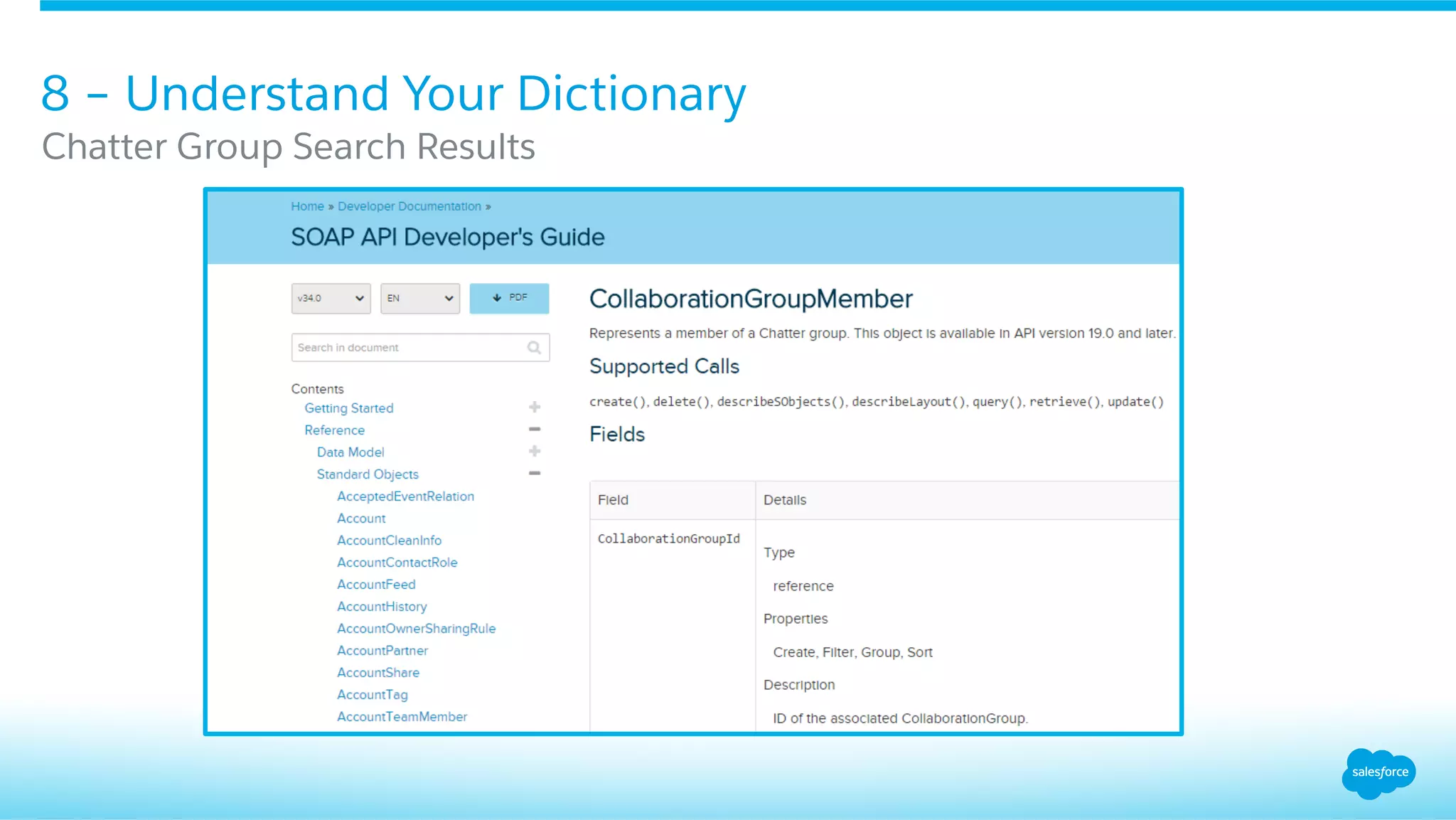 8 – Understand Your Dictionary
Chatter Group Search Results
 