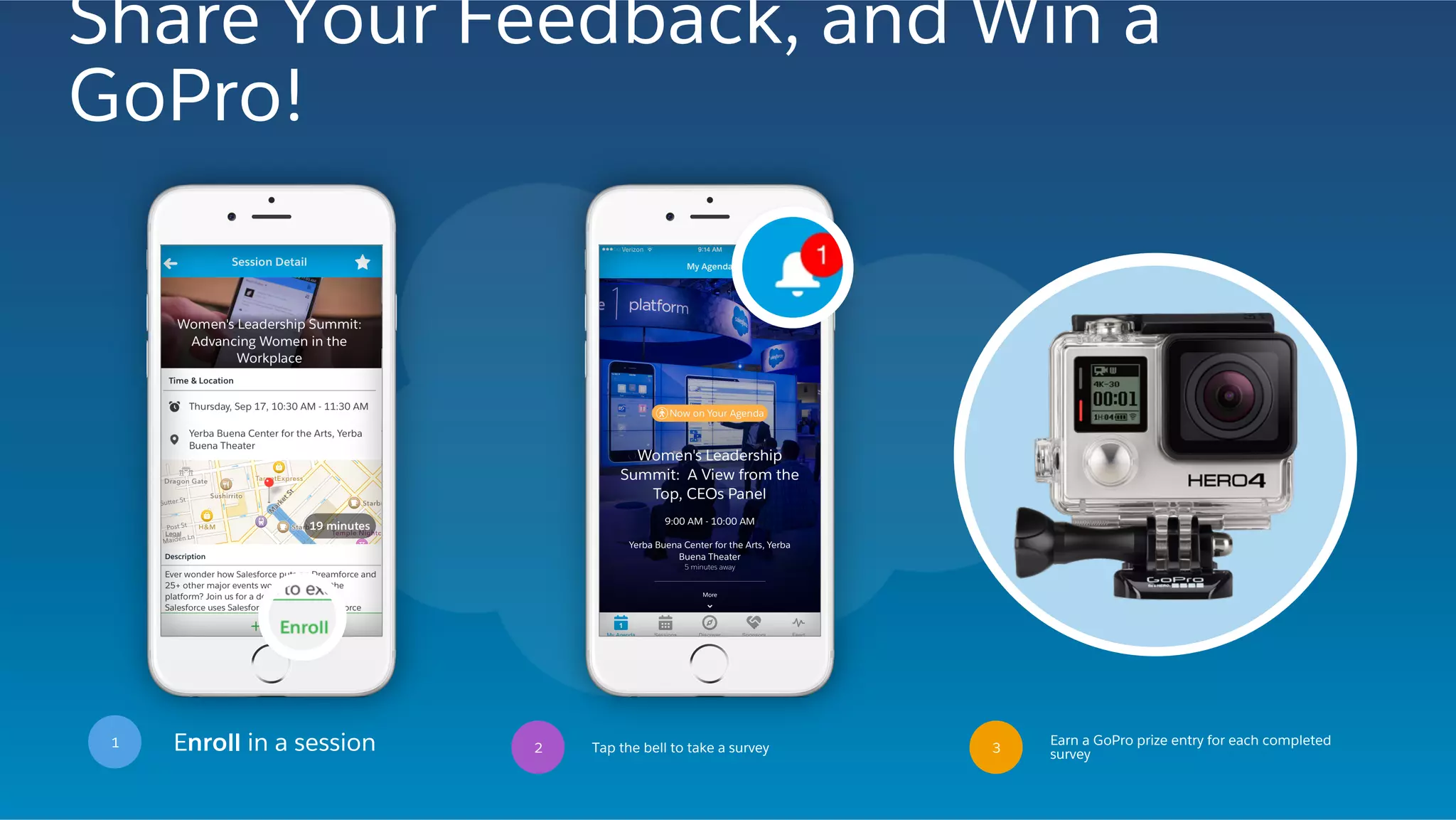 Share Your Feedback, and Win a
GoPro!
3
Earn a GoPro prize entry for each completed
surveyTap the bell to take a survey2Enroll in a session1
 