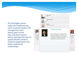 • The Silverlight control
  makes the traditional org
  chart visual and simple, with
  management chain
  above, peers on the
  side, and direct reports
  below, allowing end users to
  quickly identify contacts
  within an organization and
  better understand
  relationships.
 