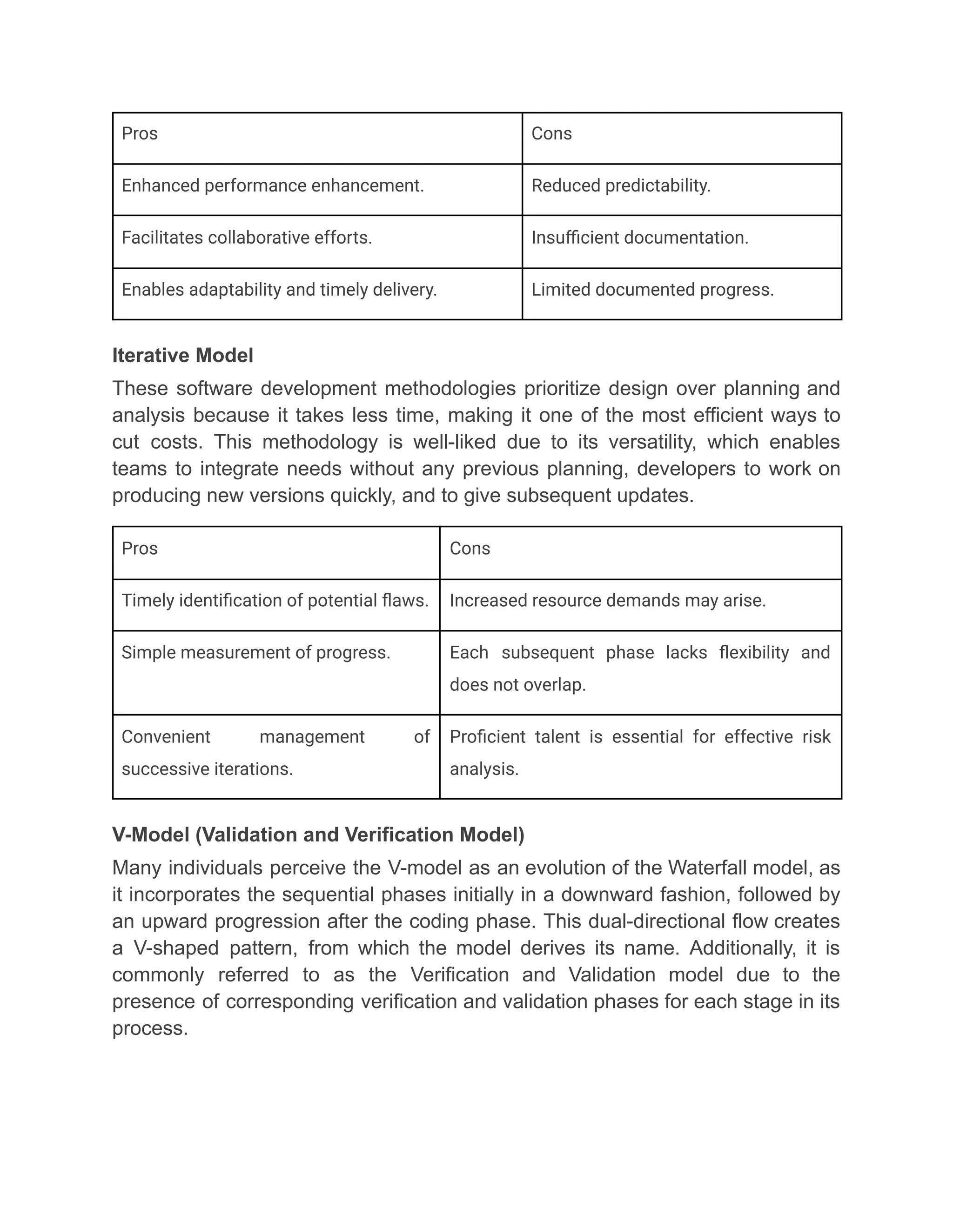 Pros Cons
Enhanced performance enhancement. Reduced predictability.
Facilitates collaborative efforts. Insufficient documentation.
Enables adaptability and timely delivery. Limited documented progress.
Iterative Model
These software development methodologies prioritize design over planning and
analysis because it takes less time, making it one of the most efficient ways to
cut costs. This methodology is well-liked due to its versatility, which enables
teams to integrate needs without any previous planning, developers to work on
producing new versions quickly, and to give subsequent updates.
Pros Cons
Timely identification of potential flaws. Increased resource demands may arise.
Simple measurement of progress. Each subsequent phase lacks flexibility and
does not overlap.
Convenient management of
successive iterations.
Proficient talent is essential for effective risk
analysis.
V-Model (Validation and Verification Model)
Many individuals perceive the V-model as an evolution of the Waterfall model, as
it incorporates the sequential phases initially in a downward fashion, followed by
an upward progression after the coding phase. This dual-directional flow creates
a V-shaped pattern, from which the model derives its name. Additionally, it is
commonly referred to as the Verification and Validation model due to the
presence of corresponding verification and validation phases for each stage in its
process.
 