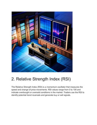 2. Relative Strength Index (RSI)
The Relative Strength Index (RSI) is a momentum oscillator that measures the
speed and change of price movements. RSI values range from 0 to 100 and
indicate overbought or oversold conditions in the market. Traders use the RSI to
identify potential trend reversals and generate buy or sell signals.
 