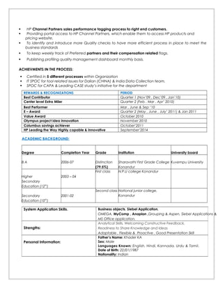  HP Channel Partners sales performance tagging process to right end customers.
 Providing portal access to HP Channel Partners, which enable them to access HP products and
pricing website.
 To identify and introduce more Quality checks to have more efficient process in place to meet the
business standards
 To keep weekly track of Preferred partners and their compensation related flags.
 Publishing profiling quality management dashboard monthly basis.
ACHIEVMENTS IN THE PROCESS:
 Certified in 5 different processes within Organization
 IT SPOC for tool related issues for Dalian (CHINA) & India Data Collection team.
 SPOC for CAPA & Leading CASE study’s initiative for the department
REWARDS & RECOGNIZATIONS PERIOD
Best Contributor Quarter 1 (Nov’09 , Dec’09 , Jan’10)
Center level Extra Miler Quarter 2 (Feb , Mar , Apr’ 2010)
Best Performer Mar , June & Sep ‘10
E – Award Quarter 2 (May , June , July’ 2011) & Jan 2011
Value Award October 2010
Olympus project idea innovation November 2010
Columbus savings achiever October’2011
HP Leading the Way Highly capable & innovative September’2014
ACADEMIC BACKGROUND:
Degree Completion Year Grade Institution University board
B A 2006-07 Distinction
(79.5%)
Sharavathi First Grade College
Konandur
Kuvempu University
Higher
Secondary
Education (12th
)
2003 – 04
First class N.P.U college Konandur
Secondary
Education (10th
)
2001-02
Second class National junior college,
Konandur
System Application Skills. Business objects, Siebel Application,
OMEGA, MyComp , Anaplan ,Grouping & Aspen, Siebel Applications &
MS Office application.
Strengths:
Analytical Skills, Welcoming Constructive Feedback,
Readiness to Share Knowledge and Ideas
Adaptable , Flexible & Proactive , Good Presentation Skill
Personal Information:
Father’s Name: Khader KA
Sex: Male
Languages Known: English, Hindi, Kannada, Urdu & Tamil.
Date of Birth: 22/01/1987
Nationality: Indian
 