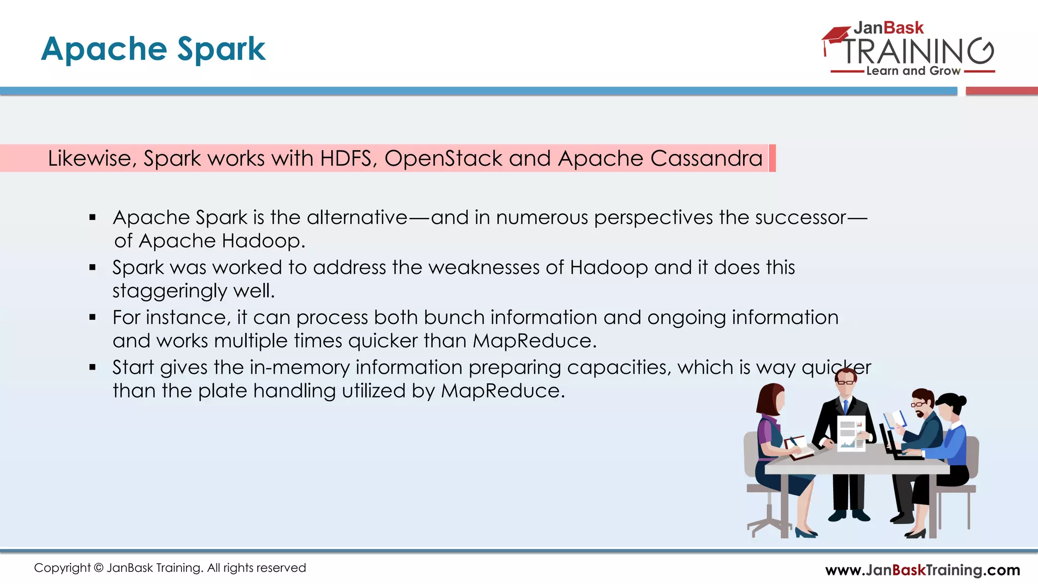 www.JanBaskTraining.comCopyright © JanBask Training. All rights reserved
Apache Spark
Likewise, Spark works with HDFS, OpenStack and Apache Cassandra
 Apache Spark is the alternative — and in numerous perspectives the successor —
 of Apache Hadoop.
 Spark was worked to address the weaknesses of Hadoop and it does this
staggeringly well.
 For instance, it can process both bunch information and ongoing information
and works multiple times quicker than MapReduce.
 Start gives the in-memory information preparing capacities, which is way quicker
than the plate handling utilized by MapReduce.
 