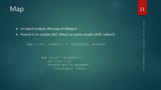 Map
 Le nœud analyse, découpe et délègue
 Associe à un couple (clef, valeur) un autre couple (clef2, valeur2)
21
Map( clef1, valeur1) -> list(clef2, valeur2)
Map (void * Document) {
int cles = 1;
foreach mot in document
Calcul(mot, cles);
}
 