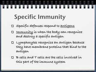 Specific Immunity
Specific defenses respond to antigens
Immunity is when the body can recognize
and destroy a specific antigen
Lymphocytes recognize an antigen because
they have membrane proteins that bind to the
antigen
B cells and T cells are the cells involved in
this part of the immune system
 