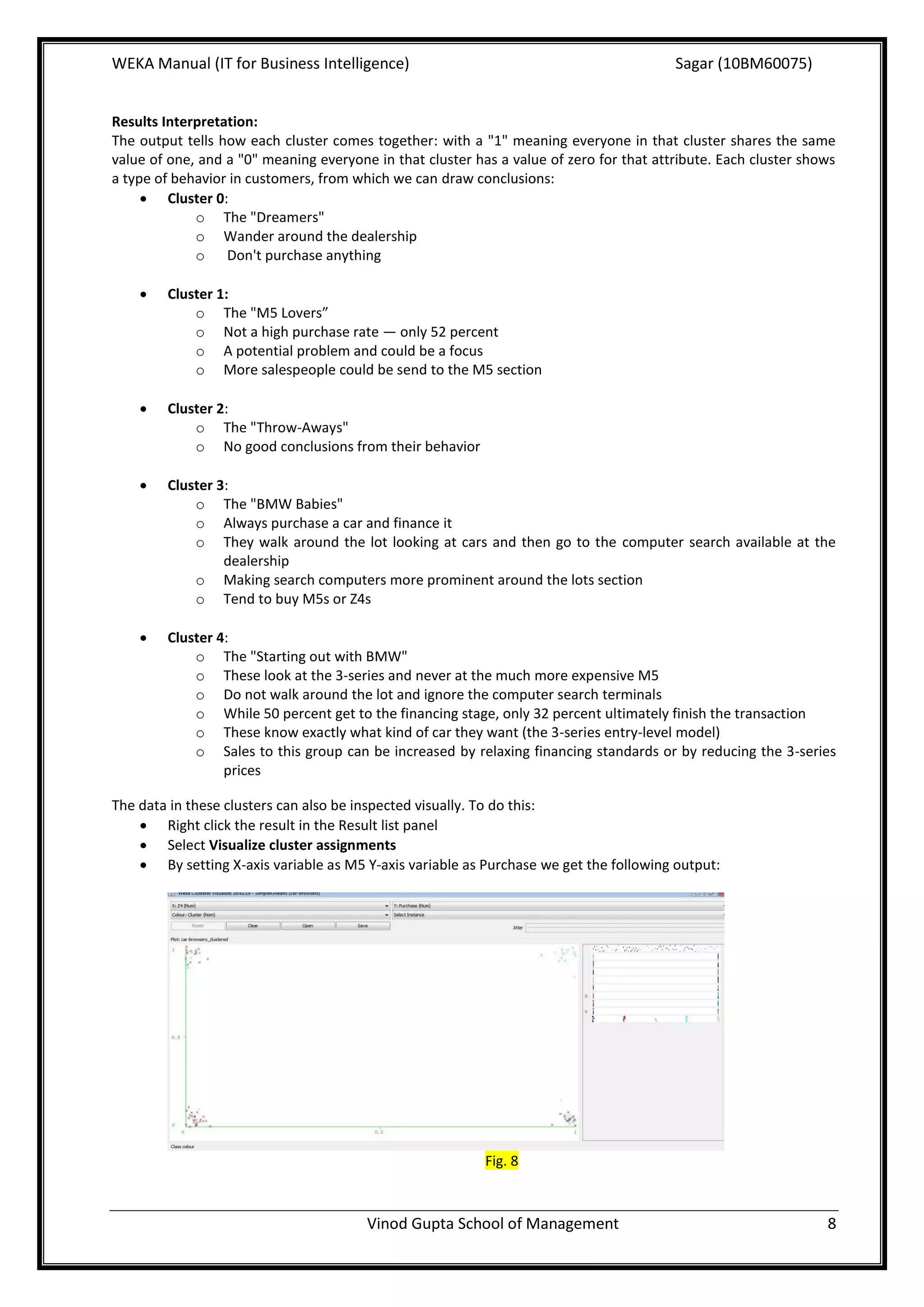 WEKA Manual (IT for Business Intelligence)                                               Sagar (10BM60075)


Results Interpretation:
The output tells how each cluster comes together: with a "1" meaning everyone in that cluster shares the same
value of one, and a "0" meaning everyone in that cluster has a value of zero for that attribute. Each cluster shows
a type of behavior in customers, from which we can draw conclusions:
      Cluster 0:
             o The "Dreamers"
             o Wander around the dealership
             o Don't purchase anything

       Cluster 1:
            o The "M5 Lovers”
            o Not a high purchase rate — only 52 percent
            o A potential problem and could be a focus
            o More salespeople could be send to the M5 section

       Cluster 2:
            o The "Throw-Aways"
            o No good conclusions from their behavior

       Cluster 3:
            o The "BMW Babies"
            o Always purchase a car and finance it
            o They walk around the lot looking at cars and then go to the computer search available at the
                 dealership
            o Making search computers more prominent around the lots section
            o Tend to buy M5s or Z4s

       Cluster 4:
            o The "Starting out with BMW"
            o These look at the 3-series and never at the much more expensive M5
            o Do not walk around the lot and ignore the computer search terminals
            o While 50 percent get to the financing stage, only 32 percent ultimately finish the transaction
            o These know exactly what kind of car they want (the 3-series entry-level model)
            o Sales to this group can be increased by relaxing financing standards or by reducing the 3-series
                 prices

The data in these clusters can also be inspected visually. To do this:
     Right click the result in the Result list panel
     Select Visualize cluster assignments
     By setting X-axis variable as M5 Y-axis variable as Purchase we get the following output:




                                                           Fig. 8



                                        Vinod Gupta School of Management                                         8
 