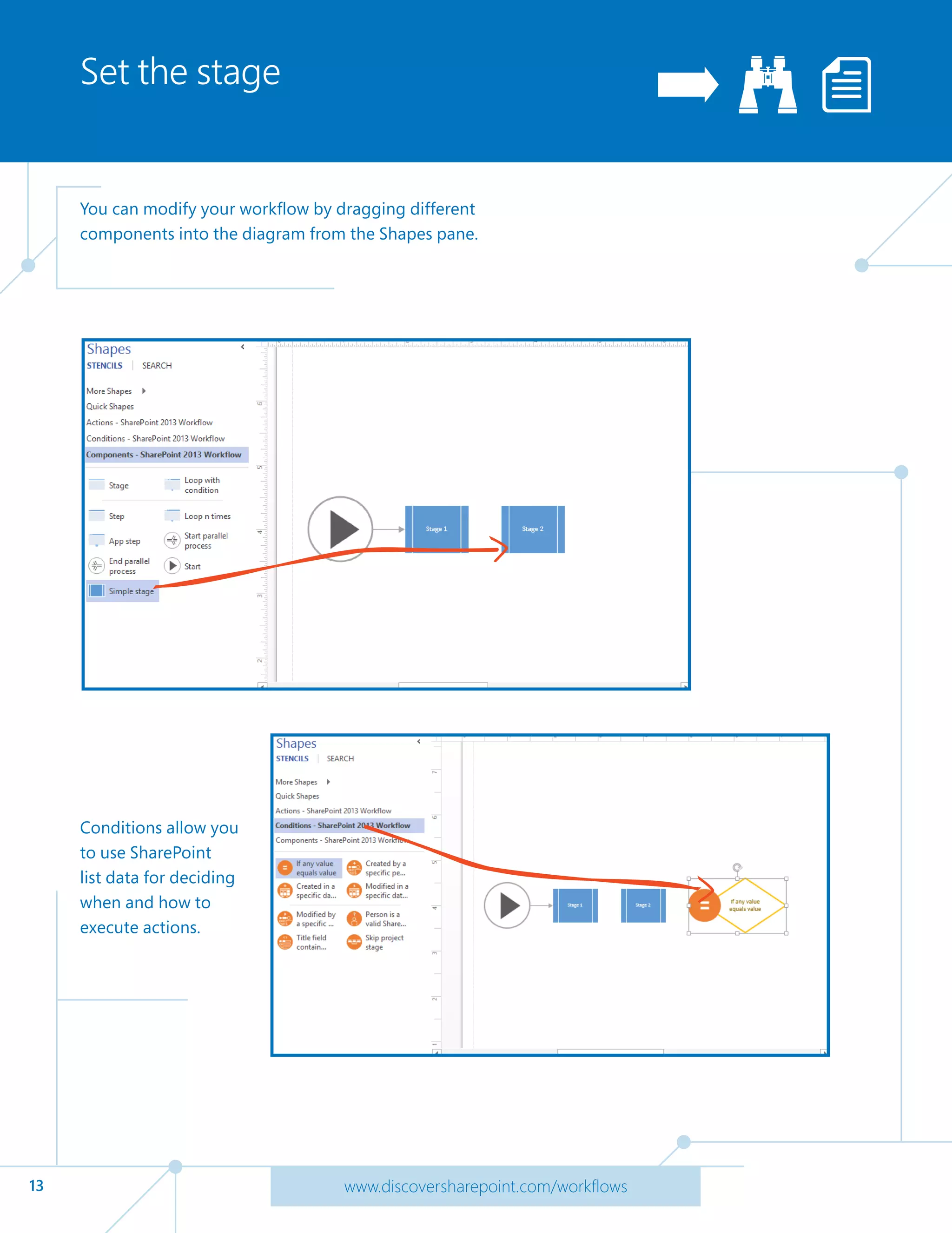 13 www.discoversharepoint.com/workflows
Set the stage
You can modify your workflow by dragging different
components into the diagram from the Shapes pane.
Conditions allow you
to use SharePoint
list data for deciding
when and how to
execute actions.
 