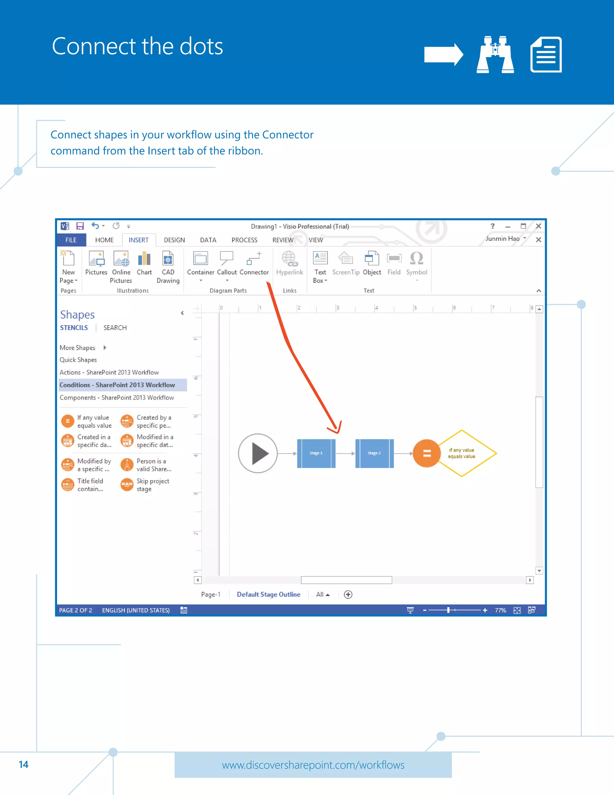 14 www.discoversharepoint.com/workflows
Connect the dots
Connect shapes in your workflow using the Connector
command from the Insert tab of the ribbon.
 
