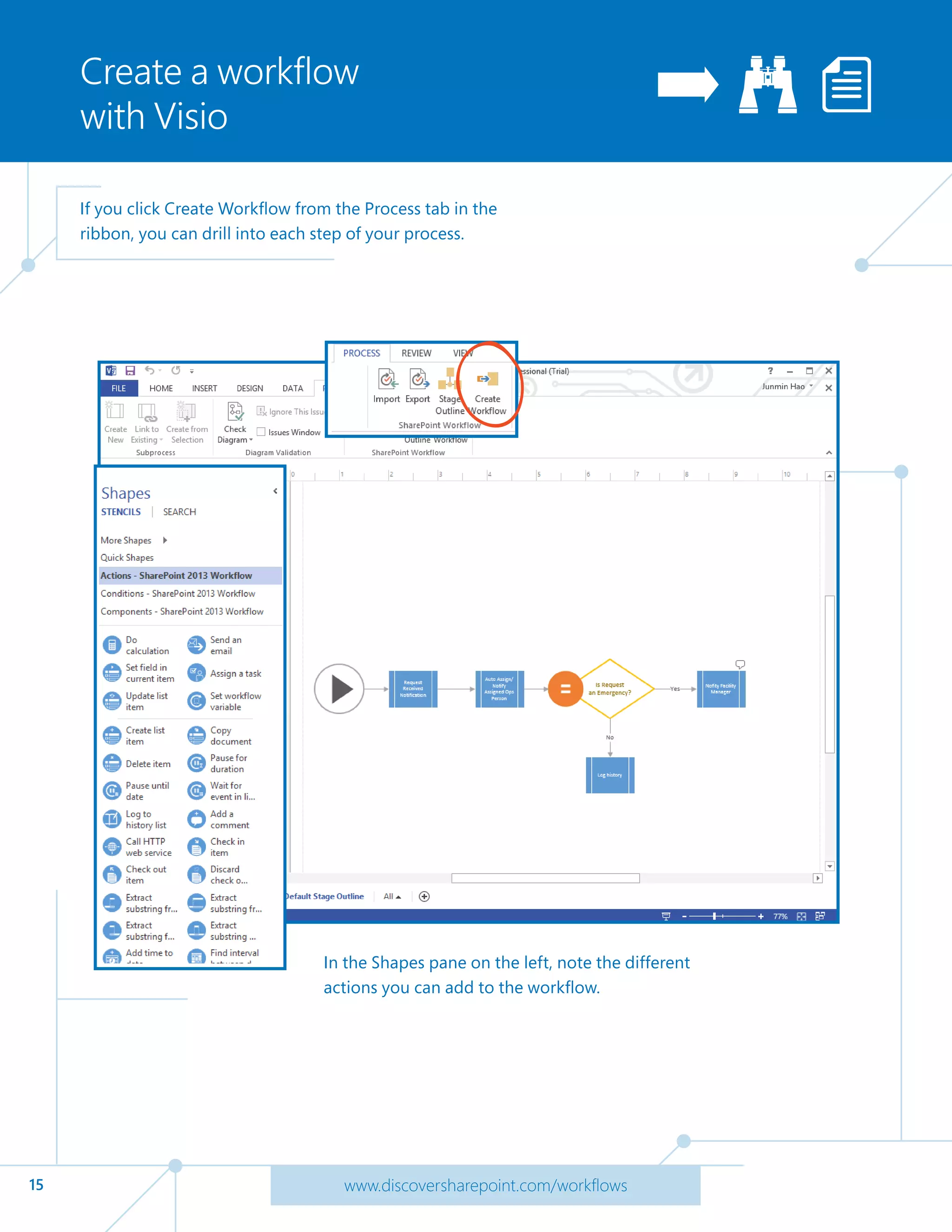 15 www.discoversharepoint.com/workflows
Create a workflow
with Visio
If you click Create Workflow from the Process tab in the
ribbon, you can drill into each step of your process.
In the Shapes pane on the left, note the different
actions you can add to the workflow.
 