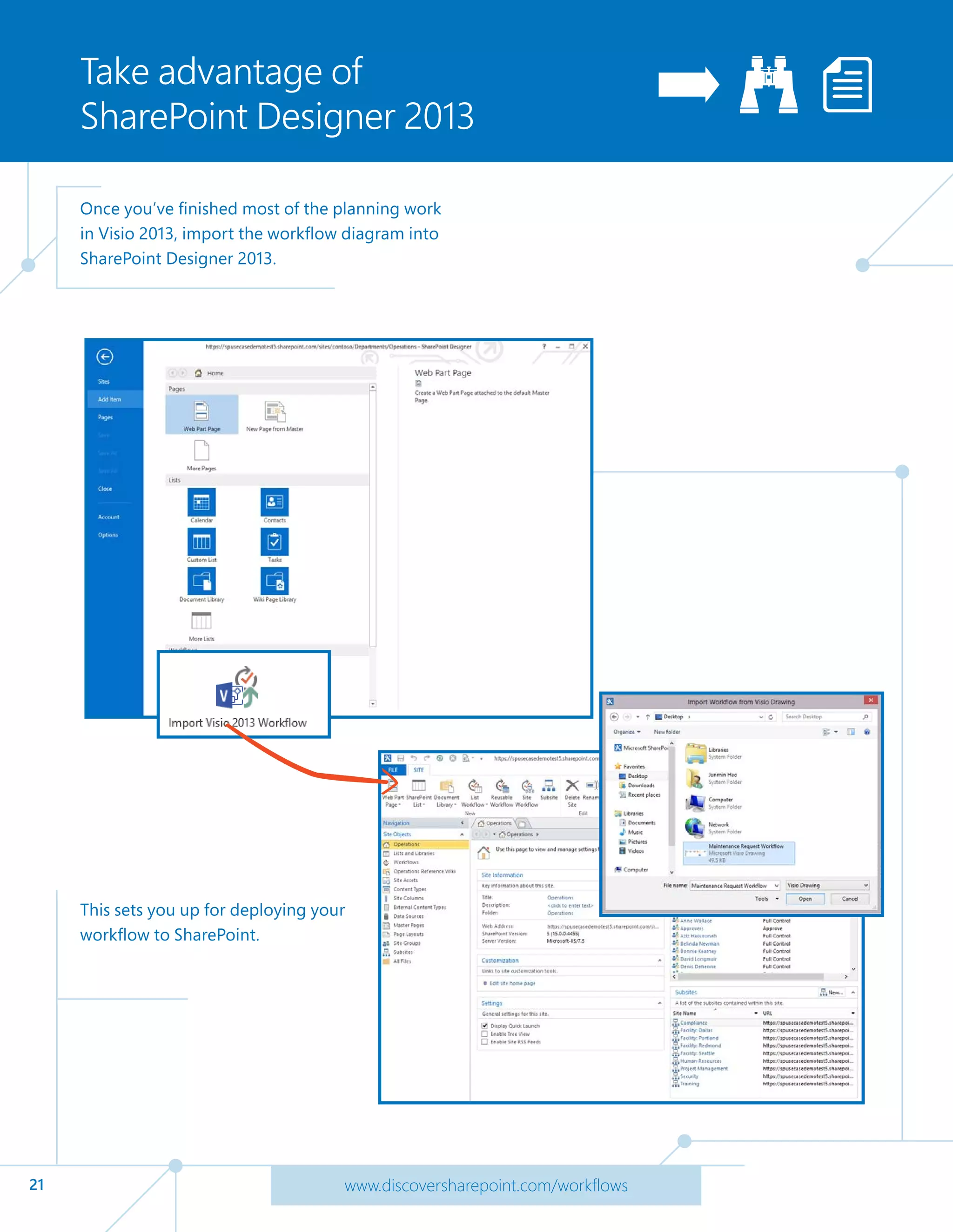 21 www.discoversharepoint.com/workflows
Take advantage of
SharePoint Designer 2013
Once you’ve finished most of the planning work
in Visio 2013, import the workflow diagram into
SharePoint Designer 2013.
This sets you up for deploying your
workflow to SharePoint.
 
