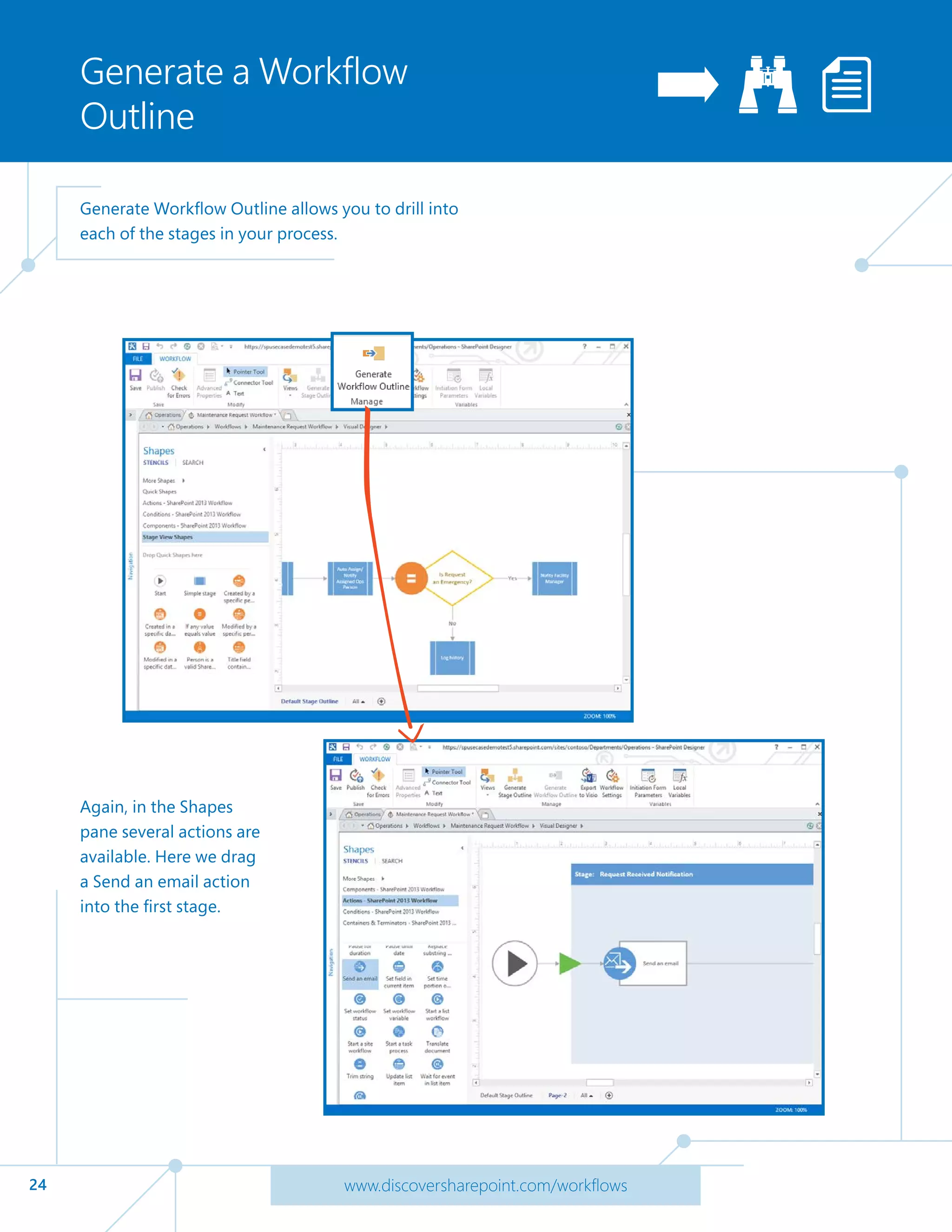 24 www.discoversharepoint.com/workflows
Generate a Workflow
Outline
Generate Workflow Outline allows you to drill into
each of the stages in your process.
Again, in the Shapes
pane several actions are
available. Here we drag
a Send an email action
into the first stage.
 
