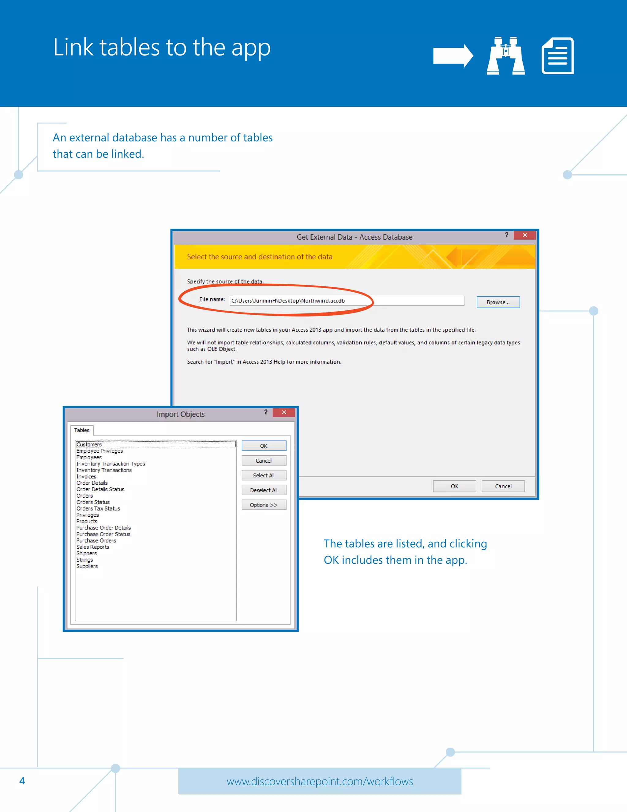 4 www.discoversharepoint.com/workflows
Link tables to the app
An external database has a number of tables
that can be linked.
The tables are listed, and clicking
OK includes them in the app.
 