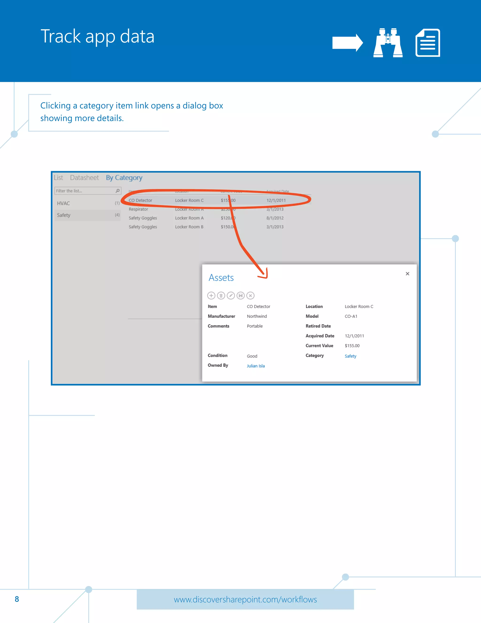 8 www.discoversharepoint.com/workflows
Track app data
Clicking a category item link opens a dialog box
showing more details.
 