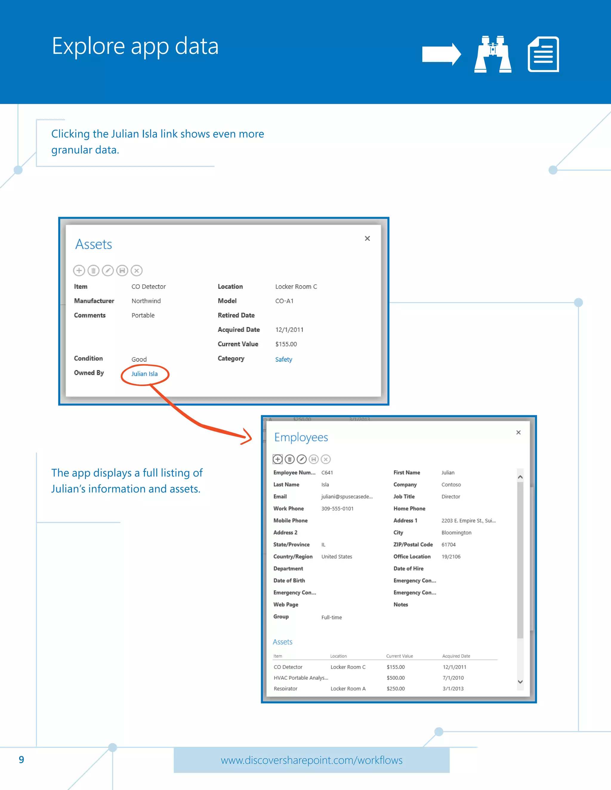 9 www.discoversharepoint.com/workflows
Explore app data
Clicking the Julian Isla link shows even more
granular data.
The app displays a full listing of
Julian’s information and assets.
 