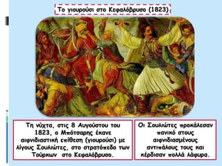 Τη νύχτα, στις 8 Αυγούστου του
1823, ο Μπότσαρης έκανε
αιφνιδιαστική επίθεση (γιουρούσι) με
λίγους Σουλιώτες, στο στρατόπεδο των
Τούρκων στο Κεφαλόβρυσο.
Το γιουρούσι στο Κεφαλόβρυσο (1823)
Οι Σουλιώτες προκάλεσαν
πανικό στους
αιφνιδιασμένους
αντιπάλους τους και
κέρδισαν πολλά λάφυρα.
 
