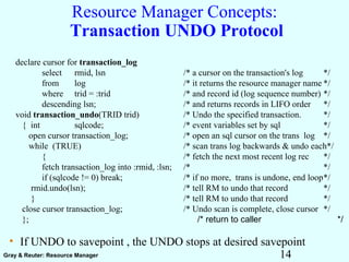 14Gray & Reuter: Resource Manager
Resource Manager Concepts:
Transaction UNDO Protocol
declare cursor for transaction_log
select rmid, lsn /* a cursor on the transaction's log */
from log /* it returns the resource manager name */
where trid = :trid /* and record id (log sequence number) */
descending lsn; /* and returns records in LIFO order */
void transaction_undo(TRID trid) /* Undo the specified transaction. */
{ int sqlcode; /* event variables set by sql */
open cursor transaction_log; /* open an sql cursor on the trans log */
while (TRUE) /* scan trans log backwards & undo each*/
{ /* fetch the next most recent log rec */
fetch transaction_log into :rmid, :lsn; /* */
if (sqlcode != 0) break; /* if no more, trans is undone, end loop*/
rmid.undo(lsn); /* tell RM to undo that record */
} /* tell RM to undo that record */
close cursor transaction_log; /* Undo scan is complete, close cursor */
}; /* return to caller */
• If UNDO to savepoint , the UNDO stops at desired savepoint
 