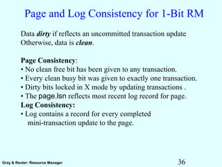36Gray & Reuter: Resource Manager
Page and Log Consistency for 1-Bit RM
Data dirty if reflects an uncommitted transaction update
Otherwise, data is clean.
Page Consistency:
• No clean free bit has been given to any transaction.
• Every clean busy bit was given to exactly one transaction.
• Dirty bits locked in X mode by updating transactions .
• The page.lsn reflects most recent log record for page.
Log Consistency:
• Log contains a record for every completed
mini-transaction update to the page.
 