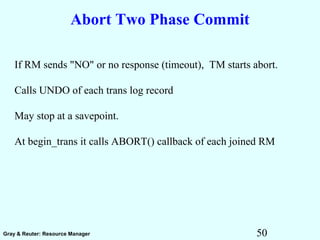 50Gray & Reuter: Resource Manager
Abort Two Phase Commit
If RM sends "NO" or no response (timeout), TM starts abort.
Calls UNDO of each trans log record
May stop at a savepoint.
At begin_trans it calls ABORT() callback of each joined RM
 