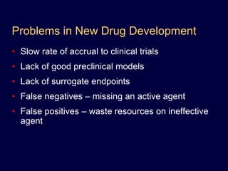 Problems in New Drug DevelopmentSlow rate of accrual to clinical trialsLack of good preclinical modelsLack of surrogate endpointsFalse negatives – missing an active agentFalse positives – waste resources on ineffective agent
