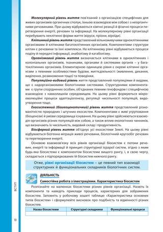 ВСТУП
10
Молекулярний рівень життя пов'язаний з організацією специфічних для
живих організмів органічних сполук, їхньою взаємодією між собою і з неорганіч-
ними речовинами. При цьому відбуваються хімічні реакції й фізичні процеси пе-
ретворення енергії, речовин та інформації. На молекулярному рівні організації
перебувають неклітинні форми життя (віруси, пріони, віроїди).
Клітинний рівень життя представлений вільноживучими одноклітинними
організмами й клітинами багатоклітинних організмів. Компонентами структури
клітин є речовини та їхні комплекси. На клітинному рівні відбуваються процеси
поділу й передачі інформації, анаболізму й катаболізму.
Організмовий рівень життя визначається клітинами в одноклітинних і
колоніальних організмів, тканинами, органами й системами органів – у бага-
токлітинних організмів. Елементарною одиницею рівня є окремі клітинні орга-
нізми з певними особливостями будови, життєдіяльності (живлення, дихання,
виділення, розмноження тощо) та поведінки.
Популяційно-видовий рівень життя представлений популяціями й видами,
що є надорганізмовими біологічними системами. Структурними компонента-
ми є групи споріднених особин, об'єднаних певним генофондом і специфічною
взаємодією з навколишнім середовищем. На цьому рівні формуються мікро-
еволюційні процеси адаптаціогенезу, регуляції чисельності популяцій, видо­
утворення тощо.
Екосистемний (біогеоценотичний) рівень життя представлений різно-
манітністю природних і штучних екосистем. Компонентами є живі угруповання
(біоценози) й умови середовища існування. На цьому рівні здійснюються взаємо-
дія організмів різних популяцій між собою, а також вплив екологічних чинників,
що визначають їх чисельність, видовий склад і продуктивність.
Біосферний рівень життя об’єднує усі екосистеми Землі. На цьому рівні
відбуваються біогенна міграція живої речовини, біологічний кругообіг речовин
та перетворення енергії.
Основою взаємозв’язку всіх рівнів організації біосистем є потоки речо-
вин, енергії та інформації й принцип структурної ієрархії систем, згідно з яким
будь-яка біосистема є компонентом біосистеми вищого рангу, і, в свою чергу,
складається з підпорядкованих їй біосистем нижчого рангу.
Отже, рівні організації біосистем – це певний тип взаємодії
структурних й функціональних складників біологічних систем.
	ДІЯЛЬНІСТЬ
	 Самостійна робота з ілюстраціями. Характеристика біосистем
Розпізнайте на малюнках біосистеми різних рівнів організації. Назвіть їх
компоненти та наведіть приклади процесів, характерних для зображених
біосистем. Заповніть у робочому зошиті таблицю «Характеристика основних
типів біосистем» і сформулюйте висновок про подібність та відмінності різних
біосистем.
Назва біосистеми Структурні складники Функціональні процеси
Право для безоплатного розміщення підручника в мережі Інтернет має
Міністерство освіти і науки України http://mon.gov.ua/ та Інститут модернізації змісту освіти https://imzo.gov.ua
 