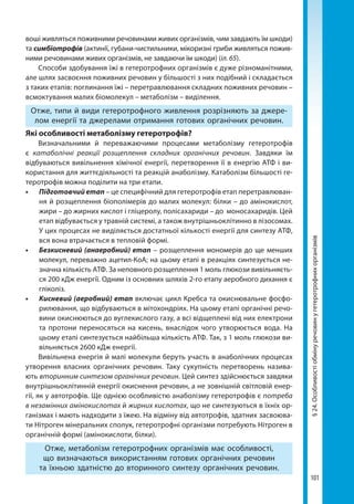 101
§24.Особливостіобмінуречовинугетеротрофнихорганізмів
воші живляться поживними речовинами живих організмів, чим завдають їм шкоди)
та симбіотрофів (актинії, губани-чистильники, мікоризні гриби живляться пожив-
ними речовинами живих організмів, не завдаючи їм шкоди) (іл. 65).
Способи здобування їжі в гетеротрофних організмів є дуже різноманітними,
але шлях засвоєння поживних речовин у більшості з них подібний і складається
з таких етапів: поглинання їжі – перетравлювання складних поживних речовин –
всмоктування малих біомолекул – метаболізм – виділення.
Отже, типи й види гетеротрофного живлення розрізняють за джере-
лом енергії та джерелами отримання готових органічних речовин.
Які особливості метаболізму гетеротрофів?
Визначальними й переважаючими процесами метаболізму гетеротрофів
є катаболічні реакції розщеплення складних органічних речовин. Завдяки їм
відбуваються вивільнення хімічної енергії, перетворення її в енергію АТФ і ви-
користання для життєдіяльності та реакцій анаболізму. Катаболізм більшості ге-
теротрофів можна поділити на три етапи.
•	 Підготовчий етап – це специфічний для гетеротрофів етап перетравлюван-
ня й розщеплення біополімерів до малих молекул: білки – до амінокислот,
жири – до жирних кислот і гліцеролу, полісахариди – до моносахаридів. Цей
етап відбувається у травній системі, а також внутрішньоклітинно в лізосомах.
У цих процесах не виділяється достатньої кількості енергії для синтезу АТФ,
вся вона втрачається в тепловій формі.
•	 Безкисневий (анаеробний) етап – розщеплення мономерів до ще менших
молекул, переважно ацетил-КоА; на цьому етапі в реакціях синтезується не-
значна кількість АТФ. За неповного розщеплення 1 моль глюкози вивільняєть-
ся 200 кДж енергії. Одним із основних шляхів 2-го етапу аеробного дихання є
гліколіз.
•	 Кисневий (аеробний) етап включає цикл Кребса та окиснювальне фосфо-
рилювання, що відбуваються в мітохондріях. На цьому етапі органічні речо-
вини окиснюються до вуглекислого газу, а всі відщеплені від них електрони
та протони переносяться на кисень, внаслідок чого утворюється вода. На
цьому етапі синтезується найбільша кількість АТФ. Так, з 1 моль глюкози ви-
вільняється 2600 кДж енергії.
Вивільнена енергія й малі молекули беруть участь в анаболічних процесах
утворення власних органічних речовин. Таку сукупність перетворень назива-
ють вторинним синтезом органічних речовин. Цей синтез здійснюється завдяки
внутрішньоклітинній енергії окиснення речовин, а не зовнішній світловій енер-
гії, як у автотрофів. Ще однією особливістю анаболізму гетеротрофів є потреба
в незамінних амінокислотах й жирних кислотах, що не синтезуються в їхніх ор-
ганізмах і мають надходити з їжею. На відміну від автотрофів, здатних засвоюва-
ти Нітроген мінеральних сполук, гетеротрофні організми потребують Нітроген в
органічній формі (амінокислоти, білки).
Отже, метаболізм гетеротрофних організмів має особливості,
що визначаються використанням готових органічних речовин
та їхньою здатністю до вторинного синтезу органічних речовин.
Право для безоплатного розміщення підручника в мережі Інтернет має
Міністерство освіти і науки України http://mon.gov.ua/ та Інститут модернізації змісту освіти https://imzo.gov.ua
 