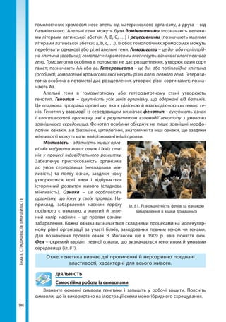 Тема3.СПАДКОВІСТЬІМІНЛИВІСТЬ
140
гомологічних хромосом несе алель від материнського організму, а друга – від
батьківського. Алельні гени можуть бути домінантними (позначають велики-
ми літерами латинської абетки: А, B, C, …) і рецесивними (позначають малими
літерами латинської абетки: а, b, c, …). В обох гомологічних хромосомах можуть
перебувати однакові або різні алельні гени. Гомозигота – це ди- або поліплоїд-
на клітина (особина), гомологічні хромосоми якої несуть однакові алелі певного
гена. Гомозиготна особина в потомстві не дає розщеплення, утворює один сорт
гамет; позначають АА або аа. Гетерозигота – це ди- або поліплоїдна клітина
(особина), гомологічні хромосоми якої несуть різні алелі певного гена. Гетерози-
готна особина в потомстві дає розщеплення, утворює різні сорти гамет; позна-
чають Аа.
Алельні гени в гомозиготному або гетерозиготному стані утворюють
генотип. Генотип – сукупність усіх генів організму, що одержані від батьків.
Це спадкова програма організму, яка є цілісною й взаємодіючою системою ге-
нів. Генотип у взаємодії із середовищем визначає фенотип – сукупність ознак
і властиво­стей організму, які є результатом взаємодії генотипу з умовами
зовнішнього середовища. Фенотип особини об’єднує не лише зовнішні морфо-
логічні ознаки, а й біохімічні, цитологічні, анатомічні та інші ознаки, що завдяки
мінливості можуть мати найрізноманітніші прояви.
Мінливість – здатність живих орга-
нізмів набувати нових ознак і їхніх ста-
нів у процесі індивідуального розвитку.
Забезпечує пристосованість організмів
до умов середовища (неспадкова мін-
ливість) та появу ознак, завдяки чому
утворюються нові види і відбувається
історичний розвиток живого (спадкова
мінливість). Ознака – це особливість
організму, що існує у своїх проявах. На-
приклад, забарвлення насінин гороху
посівного є ознакою, а жовтий й зеле-
ний колір насінин – це прояви ознаки
забарвлення. Кожна ознака визначається складними процесами на молекуляр-
ному рівні організації за участі білків, закодованих певним геном чи генами.
Для позначення проявів ознак В. Йогансен ще в 1909 р. ввів поняття фен.
Фен – окремий варіант певної ознаки, що визначається генотипом й умовами
середовища (іл. 81).
Отже, генетика вивчає дві протилежні й нерозривно поєднані
властивості, характерні для всього живого.
	ДІЯЛЬНІСТЬ
	 Самостійна робота із символами
Визначте основні символи генетики і запишіть у робочі зошити. Поясніть
символи, що їх використано на ілюстрації схеми моногібридного схрещування.
Іл. 81. Різноманітність фенів за ознакою
забарвлення в кішки домашньої
Право для безоплатного розміщення підручника в мережі Інтернет має
Міністерство освіти і науки України http://mon.gov.ua/ та Інститут модернізації змісту освіти https://imzo.gov.ua
 