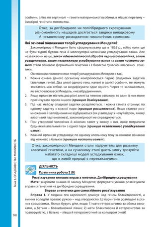 Тема3.СПАДКОВІСТЬІМІНЛИВІСТЬ
148
особини, зліва по вертикалі – гамети материнської особини, в місцях перетину –
ймо­вірні генотипи потомства.
Отже, за дигібридного чи полігібридного схрещування
різноманітність нащадків досягається завдяки випадковому
й незалежному розходженню гомологічних хромосом.
Які основні положення теорії успадкування Менделя?
Закономірності Менделя було сформульовано ще в 1865 р., тобто коли ще
не були відомі будова гена й молекулярні механізми успадкування ознак. Але
незважаючи на це, закон одноманітності гібридів першого покоління, закон
розщеплення, закон незалежного успадкування ознак та закон чистоти га-
мет стали основою формальної генетики і є базисом сучасної класичної гене-
тики.
Основними положеннями теорії успадкування Менделя є такі.
1. 	 Кожна ознака даного організму контролюється парою спадкових задатків
(алельних генів). Два алелі одного гена, наявні в однієї особини, не можуть
зливатись між собою чи модифікувати одне одного. Через те залишаються,
як висловлювався Мендель, «незабрудненими».
2. 	 Якщо організм містить два різні алелі за певною ознакою, то один із них може
пригнічувати прояв іншого (принцип домінування).
3. 	 Під час мейозу спадкові задатки розділяються, і кожна гамета отримує по
одному задатку з кожної пари (принцип розщеплення). Якщо статеве роз-
множення й запліднення не відбуваються (як у випадку з нечуйвітром, якому
властивий партеногенез), закономірності не справджуються.
4. 	 При утворенні чоловічих й жіночих гамет у кожну з них може потрапити
будь-який алельний ген з однієї пари (принцип незалежного успадкування
ознак).
5. 	 Кожний організм успадковує по одному алельному гену за кожною ознакою
від кожного з батьків (принцип чистоти гамет).
Отже, закономірності Менделя стали підґрунттям для розвитку
класичної генетики, а на сучасному етапі дають змогу зрозуміти
набагато складніші моделі успадкування ознак,
що в живій природі є переважаючими.
	ДІЯЛЬНІСТЬ
	 Практична робота 2 (Б)
Розв’язування типових вправ з генетики. Дигібридне схрещування
Мета: закріпити знання ІІІ закону Менделя; формувати уміння розв’язувати
вправи з генетики на дигібридне схрещування.
Вправи з генетики для самостійного розв’язування
Вправа 1. У людини ген кароокості домінує над геном блакитноокості, а
вміння володіти правою рукою – над ліворукістю. Ці пари генів розміщені в різ-
них хромосомах. Якими будуть діти, якщо: 1) мати гетерозиготна за обома озна-
ками, а батько – блакитноокий лівша; 2) мати блакитноока й гетерозиготна за
праворукістю, а батько – лівша й гетерозиготний за кольором очей?
Право для безоплатного розміщення підручника в мережі Інтернет має
Міністерство освіти і науки України http://mon.gov.ua/ та Інститут модернізації змісту освіти https://imzo.gov.ua
 