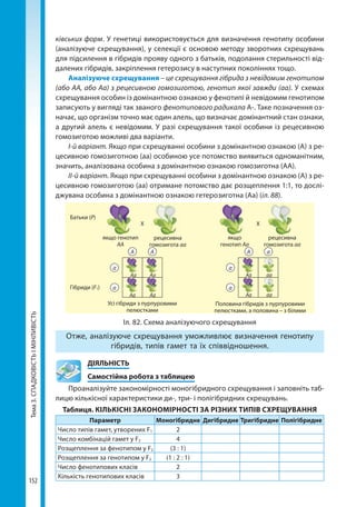 Тема3.СПАДКОВІСТЬІМІНЛИВІСТЬ
152
ківських форм. У генетиці використовується для визначення генотипу особини
(аналізуюче схрещування), у селекції є основою методу зворотних схрещувань
для підсилення в гібридів прояву одного з батьків, подолання стерильності від-
далених гібридів, закріплення гетерозису в наступних поколіннях тощо.
Аналізуюче схрещування – це схрещування гібрида з невідомим генотипом
(або АА, або Аа) з рецесивною гомозиготою, генотип якої завжди (аа). У схемах
схрещування особин із домінантною ознакою у фенотипі й невідомим генотипом
записують у вигляді так званого фенотипового радикала A-. Таке позначення оз-
начає, що організм точно має один алель, що визначає домінантний стан ознаки,
а другий алель є невідомим. У разі схрещування такої особини із рецесивною
гомозиготою можливі два варіанти.
І-й варіант. Якщо при схрещуванні особини з домінантною ознакою (А) з ре-
цесивною гомозиготною (аа) особиною усе потомство виявиться одноманітним,
значить, аналізована особина з домінантною ознакою гомозиготна (АА).
ІІ-й варіант. Якщо при схрещуванні особини з домінантною ознакою (А) з ре-
цесивною гомозиготою (аа) отримане потомство дає розщеплення 1:1, то дослі-
джувана особина з домінантною ознакою гетерозиготна (Аа) (іл. 88).
X
А А А
а а
а
а а
X
якщо генотип
АА
Аа Аа Аа
Аа аа
аа
АаАа
якщо
генотип Аа
Батьки (P)
Гібриди (F1)
рецесивна
гомозигота аа
рецесивна
гомозигота аа
Усі гібриди з пурпуровими
пелюстками
Половина гібридів з пурпуровими
пелюстками, а половина – з білими
Іл. 82. Схема аналізуючого схрещування
Отже, аналізуюче схрещування уможливлює визначення генотипу
гібридів, типів гамет та їх співвідношення.
	ДІЯЛЬНІСТЬ
	 Самостійна робота з таблицею
Проаналізуйте закономірності моногібридного схрещування і заповніть таб­
лицю кількісної характеристики ди-, три- і полігібридних схрещувань.
Таблиця. КІЛЬКІСНІ ЗАКОНОМІРНОСТІ ЗА РІЗНИХ ТИПІВ СХРЕЩУВАННЯ
Параметр Моногібридне Дигібридне Тригібридне Полігібридне
Число типів гамет, утворених F1 2
Число комбінацій гамет у F2 4
Розщеплення за фенотипом у F2 (3 : 1)
Розщеплення за генотипом у F2 (1 : 2 : 1)
Число фенотипових класів 2
Кількість генотипових класів 3
Право для безоплатного розміщення підручника в мережі Інтернет має
Міністерство освіти і науки України http://mon.gov.ua/ та Інститут модернізації змісту освіти https://imzo.gov.ua
 